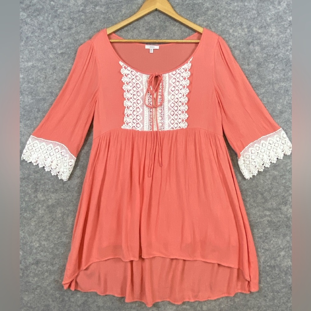 Jodifl Babydoll Mini Dress Size M Coral Crocheted Accents 3/4 Sleeves Boho Flowy